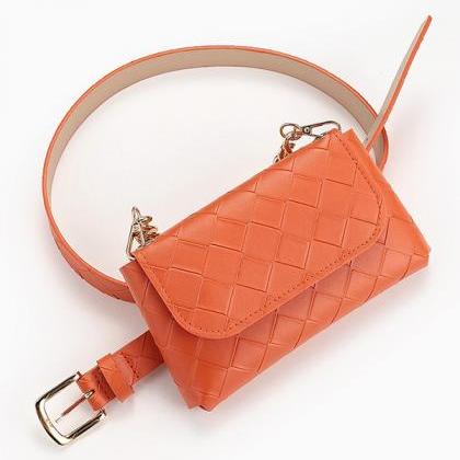Orange Urban Plaid Pu Solid Color Waist Bag..