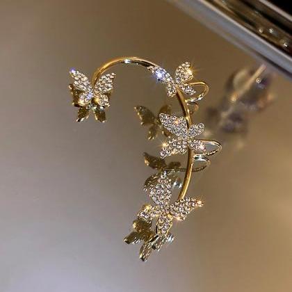Gold Stylish Rhinestone Butterfly Earrings..
