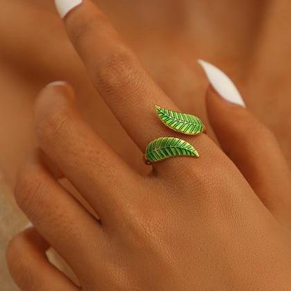 Gold Green Original Leaf Shape Adjustable Ring