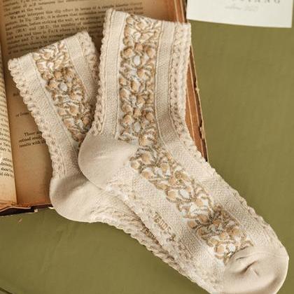 Beige Vintage Jacquard Cotton Socks Accessories