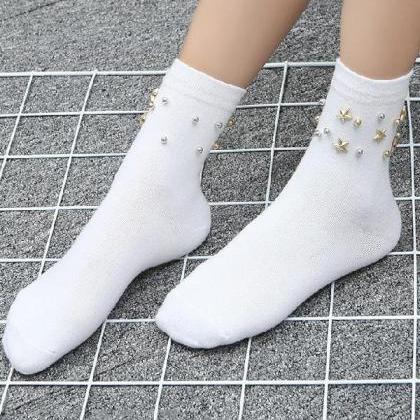 White Fashion Star Beads Plain Socks