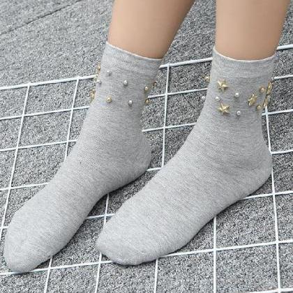 Gray Fashion Star Beads Plain Socks