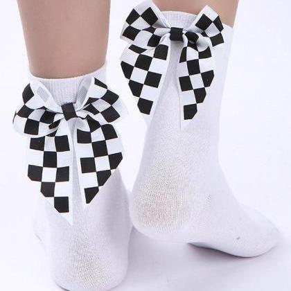White Plaid Bow-knot Decorative Socks