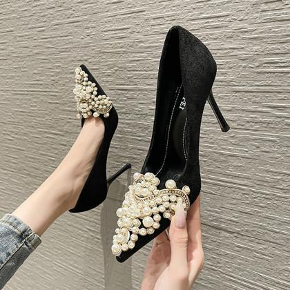 Fashion Ultra-high Thin Heel Pearl Buckle Party..