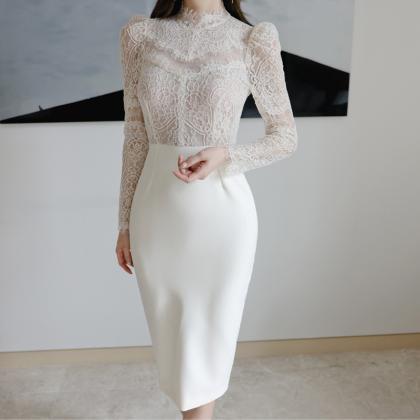 Stylish And Slimming Long-sleeved Lace One-step..