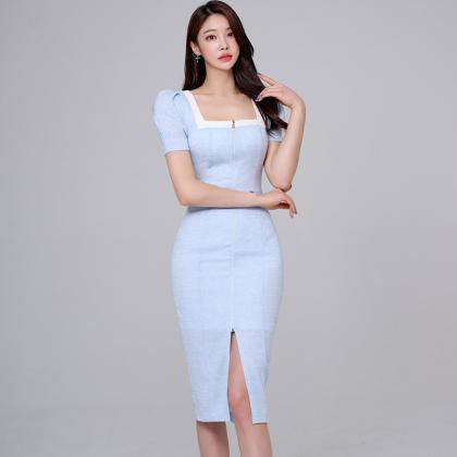 Front Slit And Bubble Sleeve Square Neckline..