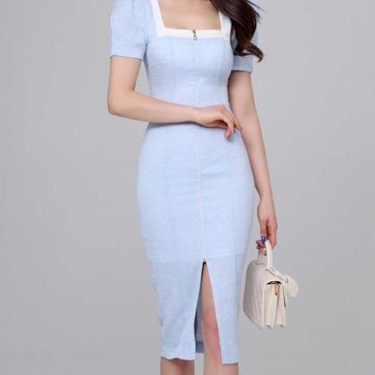 Front Slit And Bubble Sleeve Square Neckline..