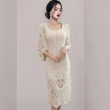 Lace Square Neck Hollow Out Midi Dress