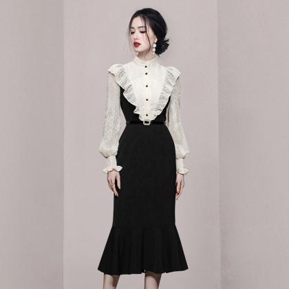 Stand Collar Contrast Color Ruffle High Waist..