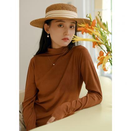 Casual Long Sleeves Elastics Solid Color High-neck..