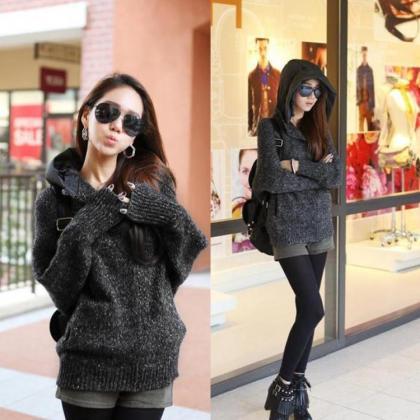 Loose Betwing Sleeve Knitting Hooded Sweater
