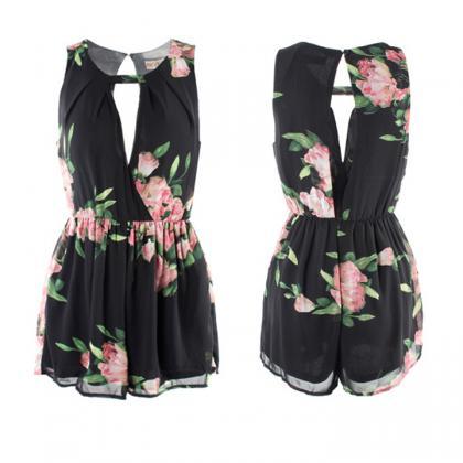 Floral Open Back Overall Chiffon Jumpsuit