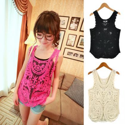 Lace Floral Pattern Crochet Tank To..