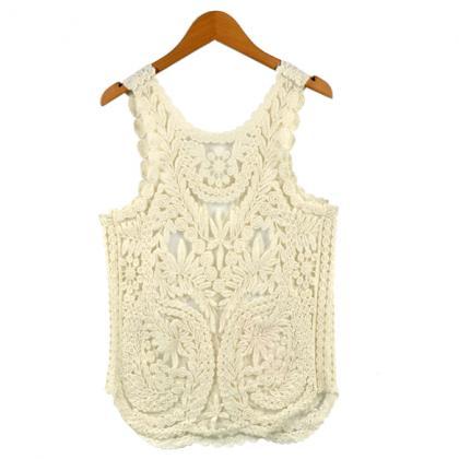 Lace Floral Pattern Crochet Tank To..