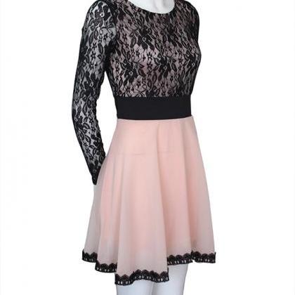 Long Sleeve Lace Chiffon Patchwork Dress
