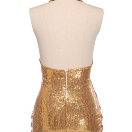 Sequined Backless Halter Bodycon Dress