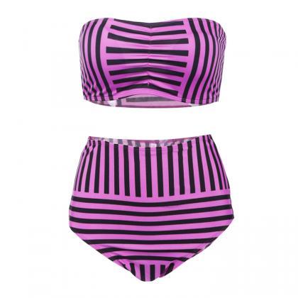 Striped High Waist Slim Bikini
