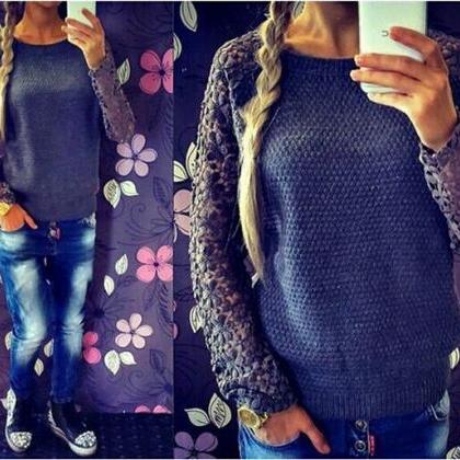 Hollow Out Lace Sleeves Splice Sweater