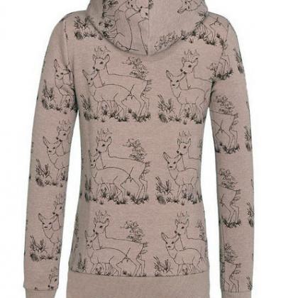 Deer Print Drawstring Womens Hoodie Sweatshirt