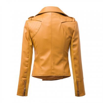 Women Turn Down Collar Slim Pu Leather Jacket