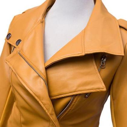 Women Turn Down Collar Slim Pu Leather Jacket