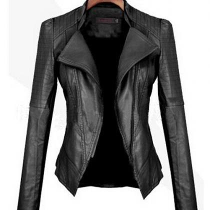 Turn Down Pu Leather Womens Jacket