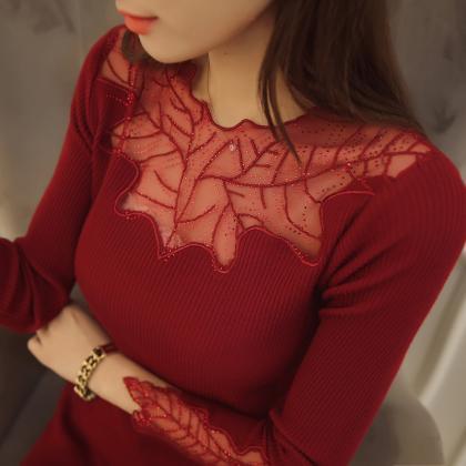 Sexy Round Neck Long Sleeve See-through Slimming..