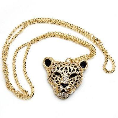 Rhinestone Leopard Tiger Head Chain Necklace..