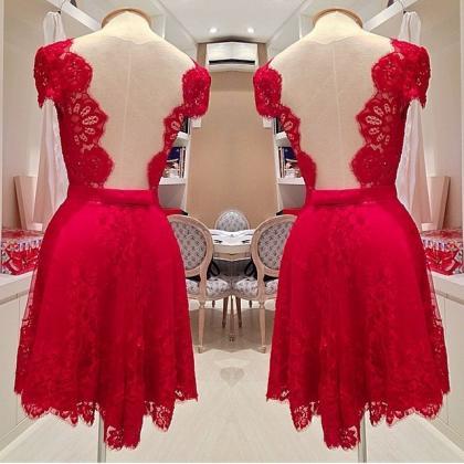 Shinning Red Backless Short Sleeves Short Lace..