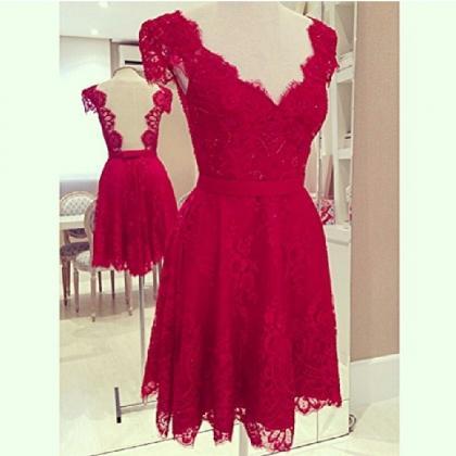 Shinning Red Backless Short Sleeves Short Lace..