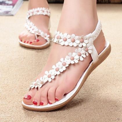Women Bohemia Flower Beads Flip-flop Shoes Flat..