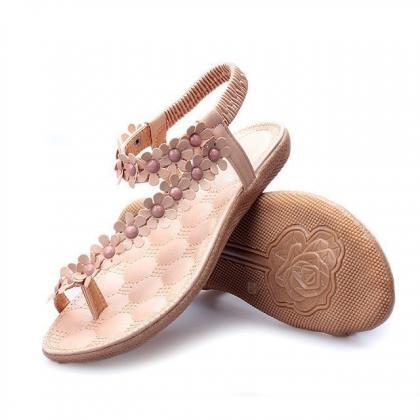 Women Bohemia Flower Beads Flip-flop Shoes Flat..