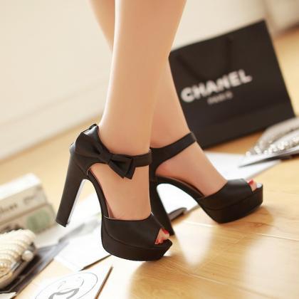 Cute Candy Color Bow Knot Thick Heel Platform..