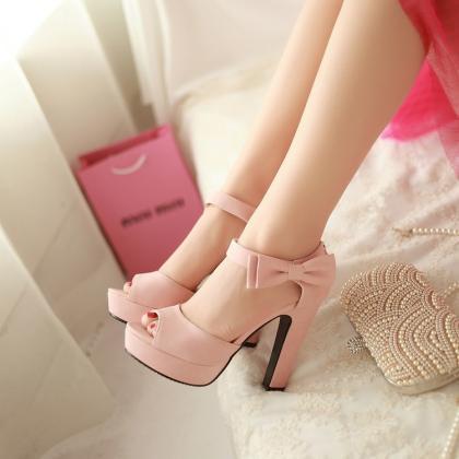 Cute Candy Color Bow Knot Thick Heel Platform..