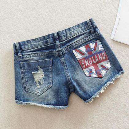 England Flag Print Rough Edges Hole Shorts