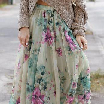 Bohemian Flower Print Wide Flare Maxi Skirt