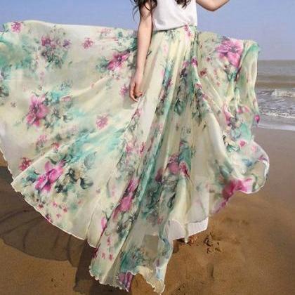 Bohemian Flower Print Wide Flare Maxi Skirt