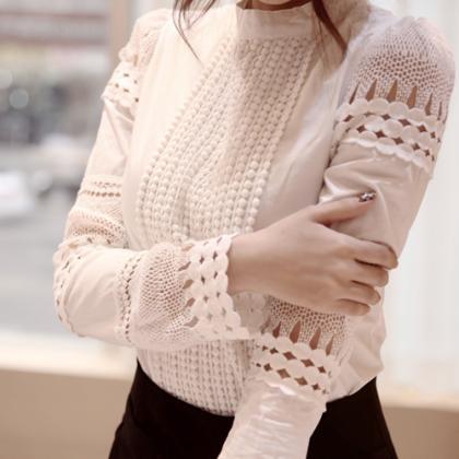 High Neck Lace Hollow Out Long Sleeves Pure Color..