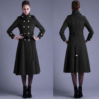 Stand Collar Button Belt Pleated Long Coat
