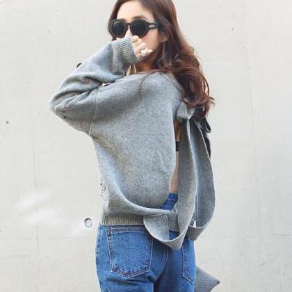 Backless Bow Tie Hollow Knit Pullover Sweater