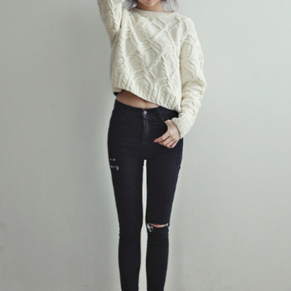 Cable Retro Solid Color Scoop Knit Sweater