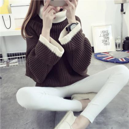 Korean Solid Color Knit Big Pullover Splicing..