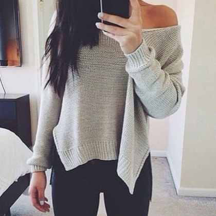 Slit Solid Color Scoop Knit Splicing Sweater