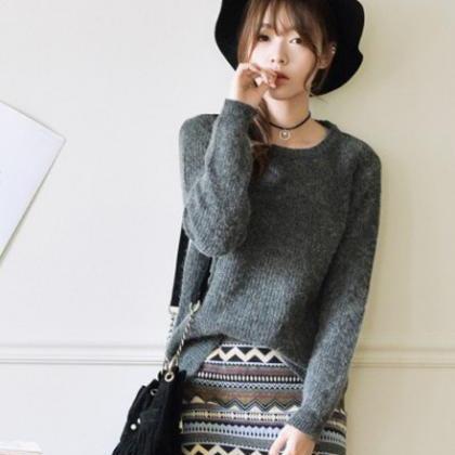 Pure Color Pullover Knit Scoop Color Mixing..