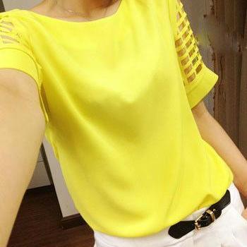 Scoop Short Sleeves Pure Color Casual Plus Size..