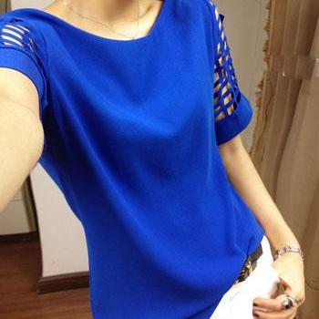 Scoop Short Sleeves Pure Color Casual Plus Size..