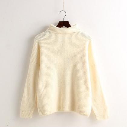 High Collar Loose Pullover Ribbed Knitted Sweater