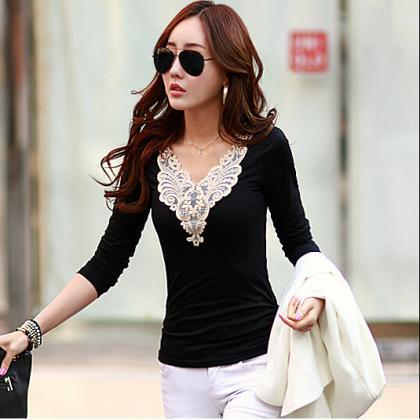 Plus Size Lace Patchwork Slim Long Sleeves V-neck..
