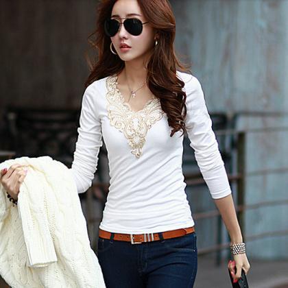 Plus Size Lace Patchwork Slim Long Sleeves V-neck..