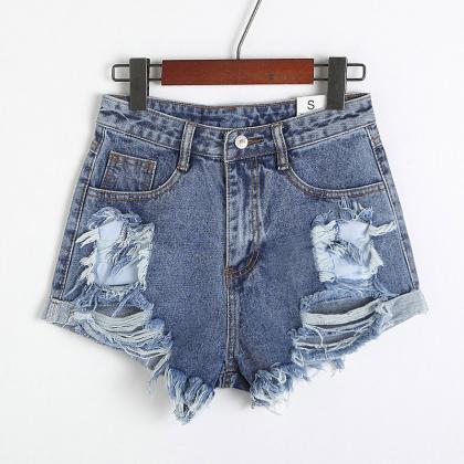 High-waisted Distressed Denim Shorts Featuring Raw..